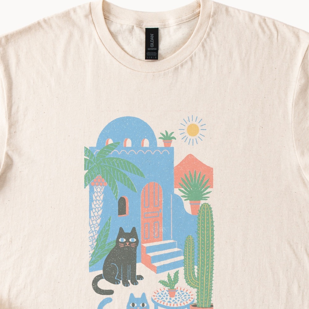 Mediterranean House Cats Graphic Tee Retro Botanical Illustration